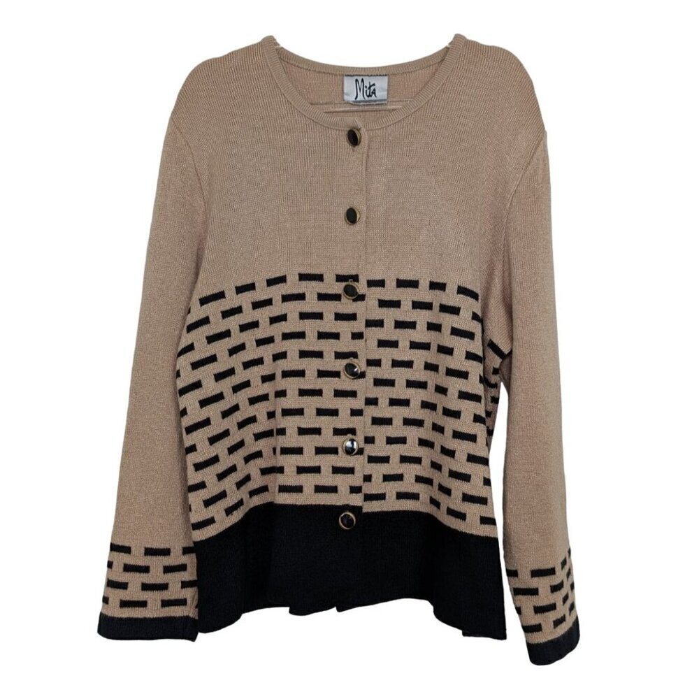 Vintage Mita Cardigan Womens Size 18 Beige Black Krinkle Spun Knit Career